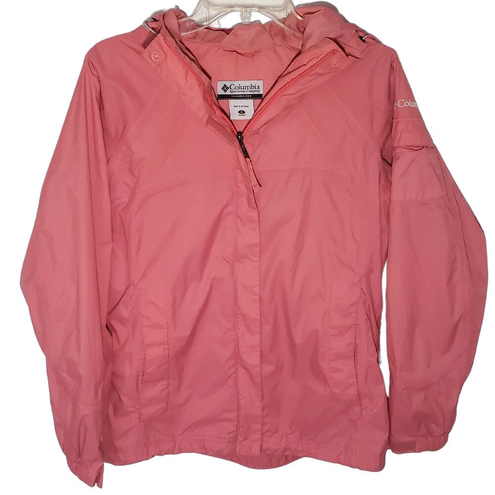 Columbia Windbreaker Jacket Womens Small Hooded Drawstring Pink Nylon Polyester